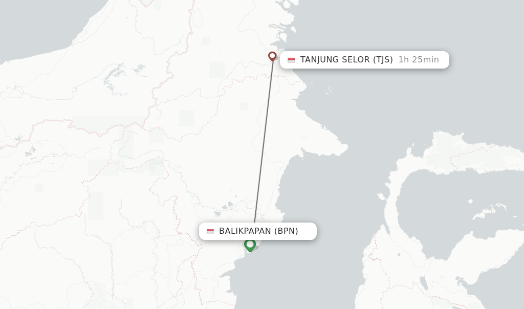 Flights from Balikpapan to Tanjung Selor route map