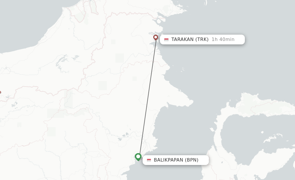 Flights from Balikpapan to Tarakan route map