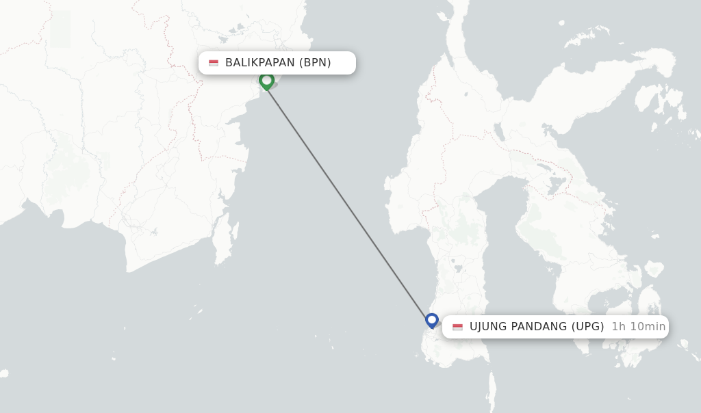 Flights from Balikpapan to Ujung Pandang route map