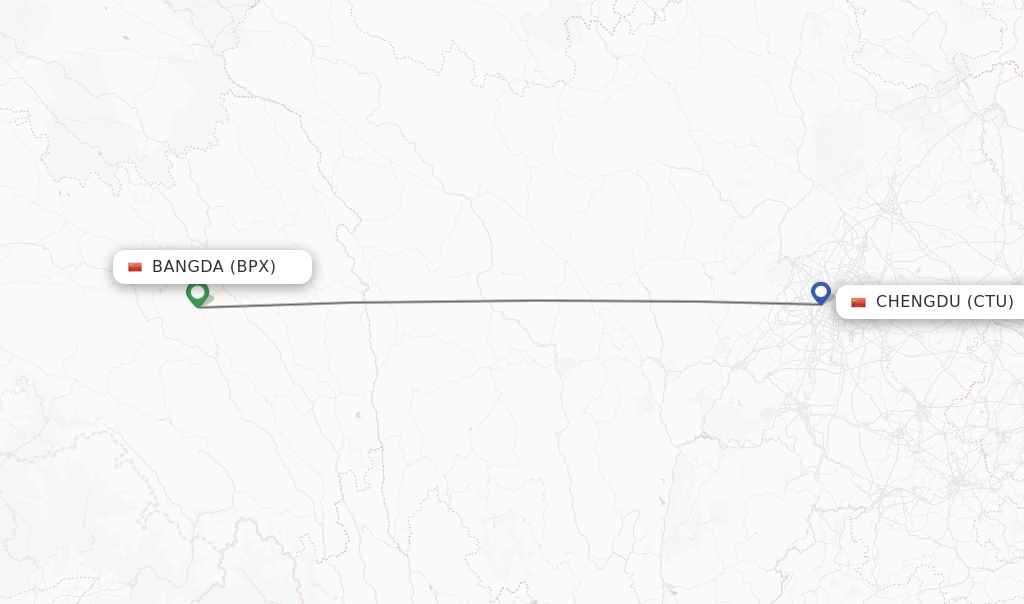 Flights from Bangda to Chengdu route map