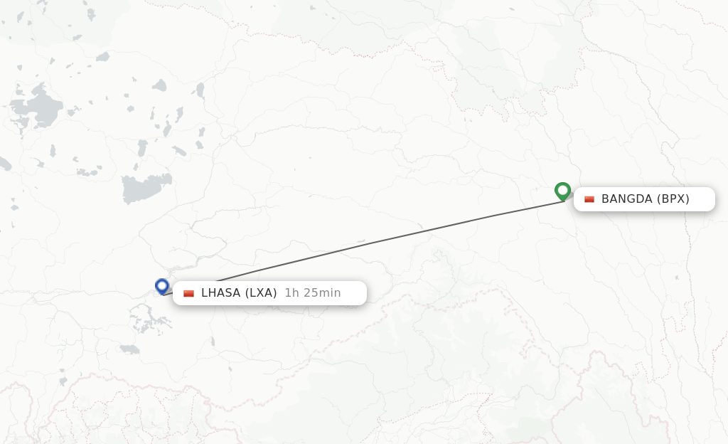 Flights from Bangda to Lhasa route map