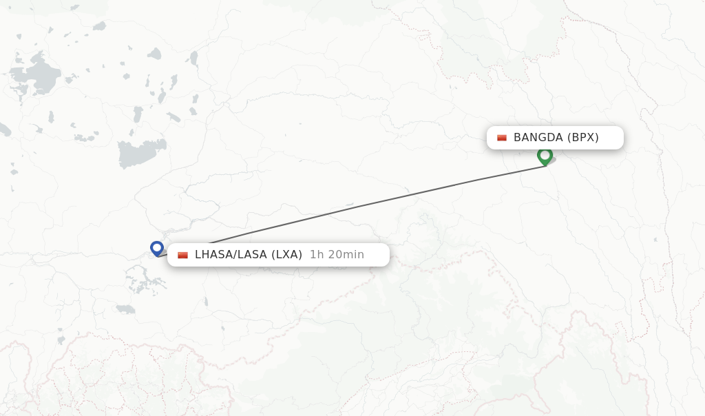 Flights from Bangda to Lhasa/Lasa route map