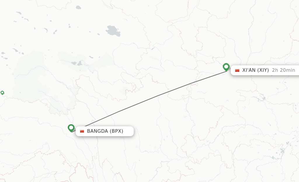 Flights from Bangda to Xi'an route map