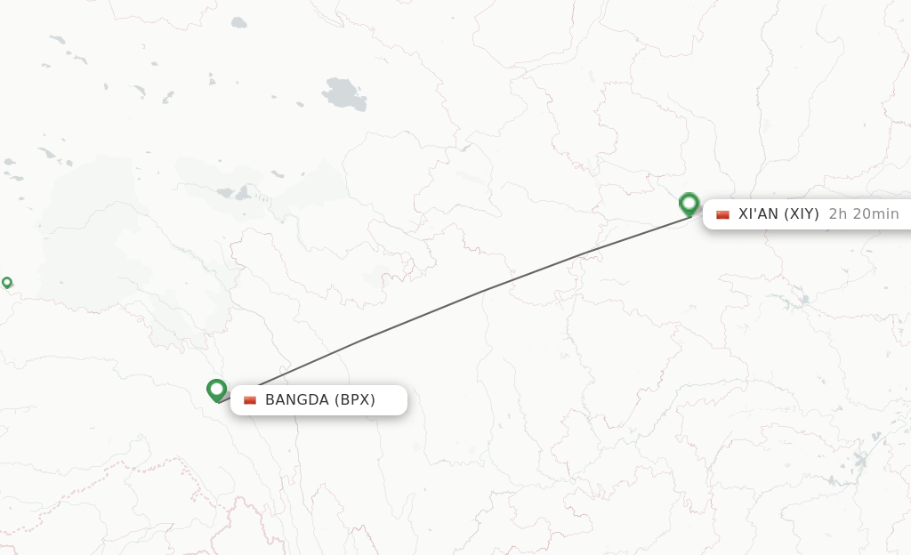 Flights from Bangda to Xian route map