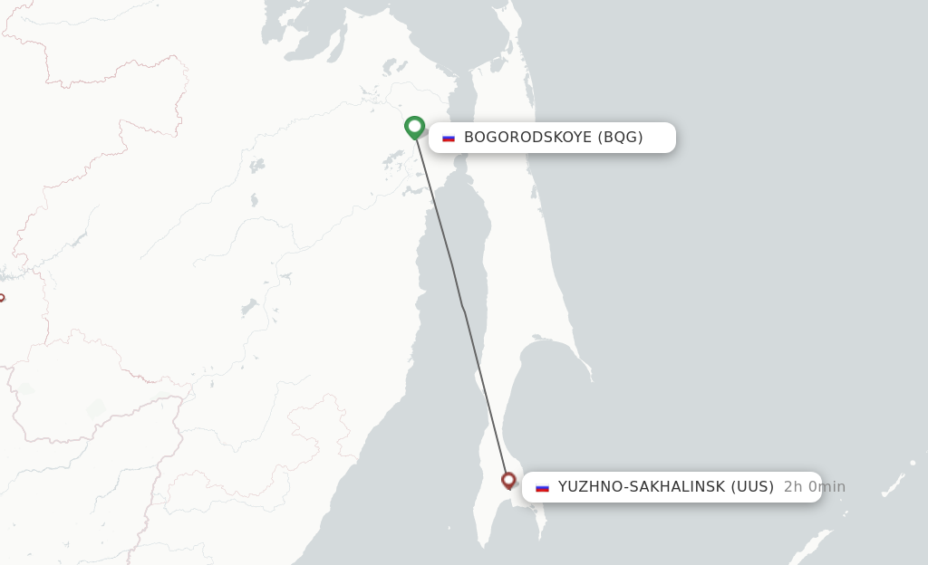 Flights from Bogorodskoye to Yuzhno-Sakhalinsk route map