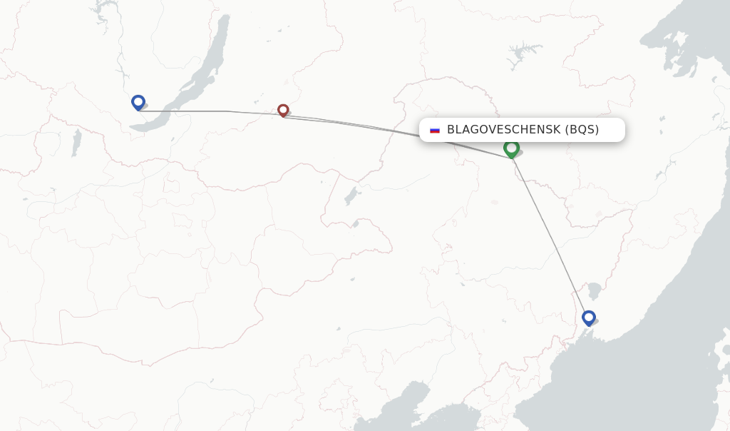 Route map with flights from Blagoveschensk with IrAero