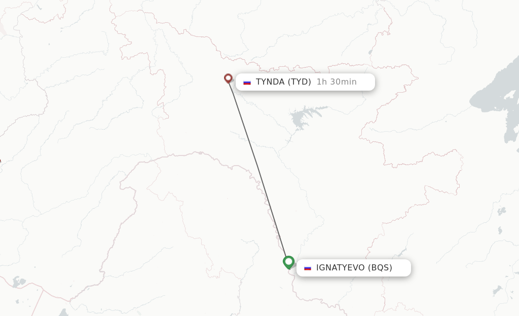 Flights from Ignatyevo to Tynda route map