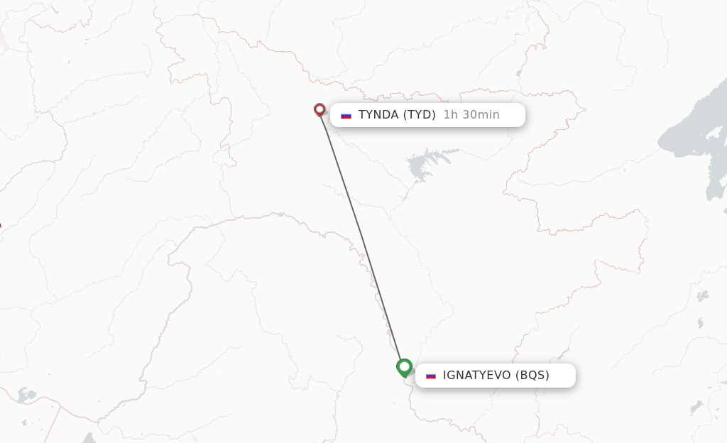 Flights from Blagoveschensk to Tynda route map