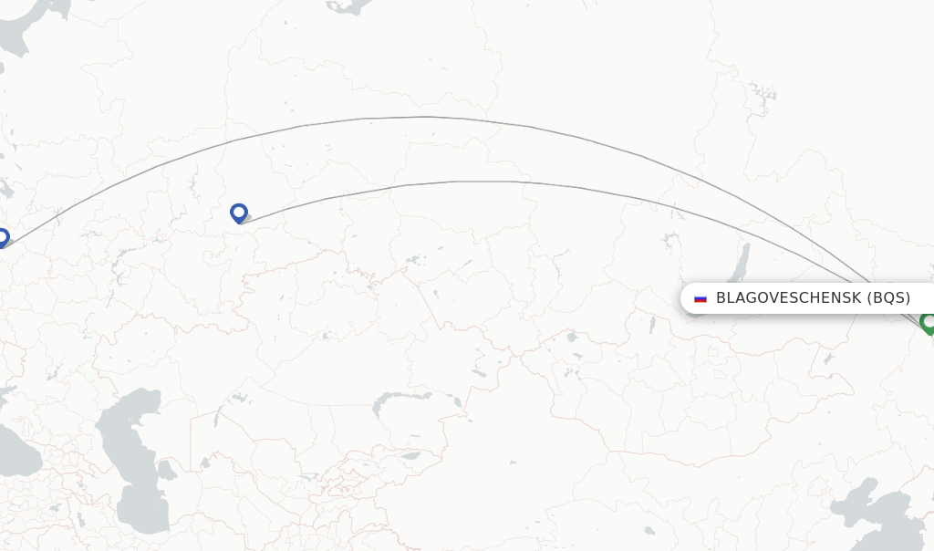 Route map with flights from Blagoveschensk with Ural Airlines