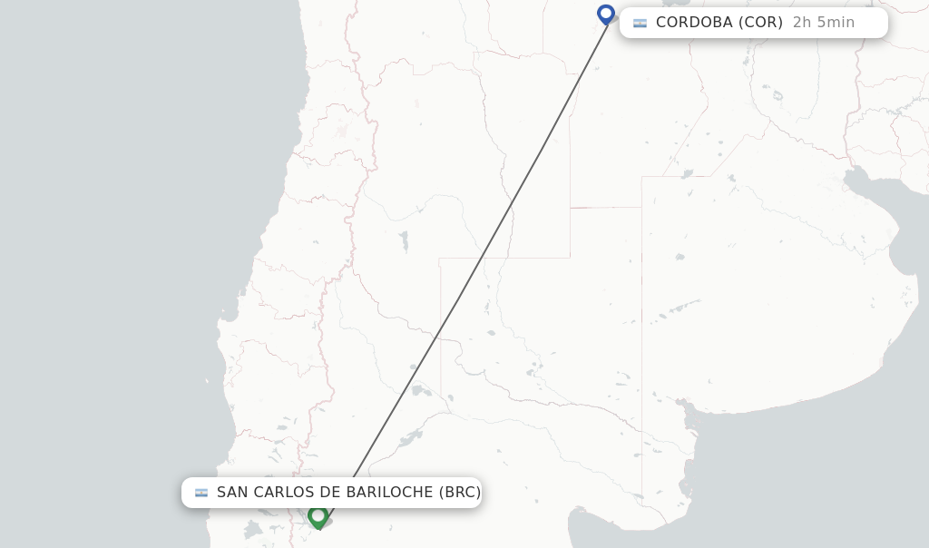 Flights from San Carlos de Bariloche to Cordoba route map