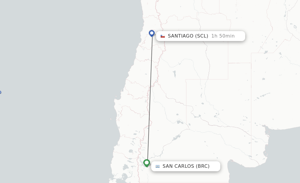 Flights from San Carlos de Bariloche to Santiago route map