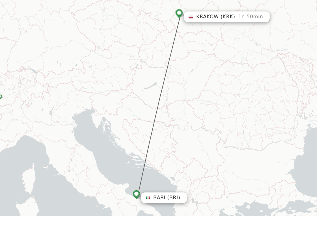 Flights from Krakow to Bari route map