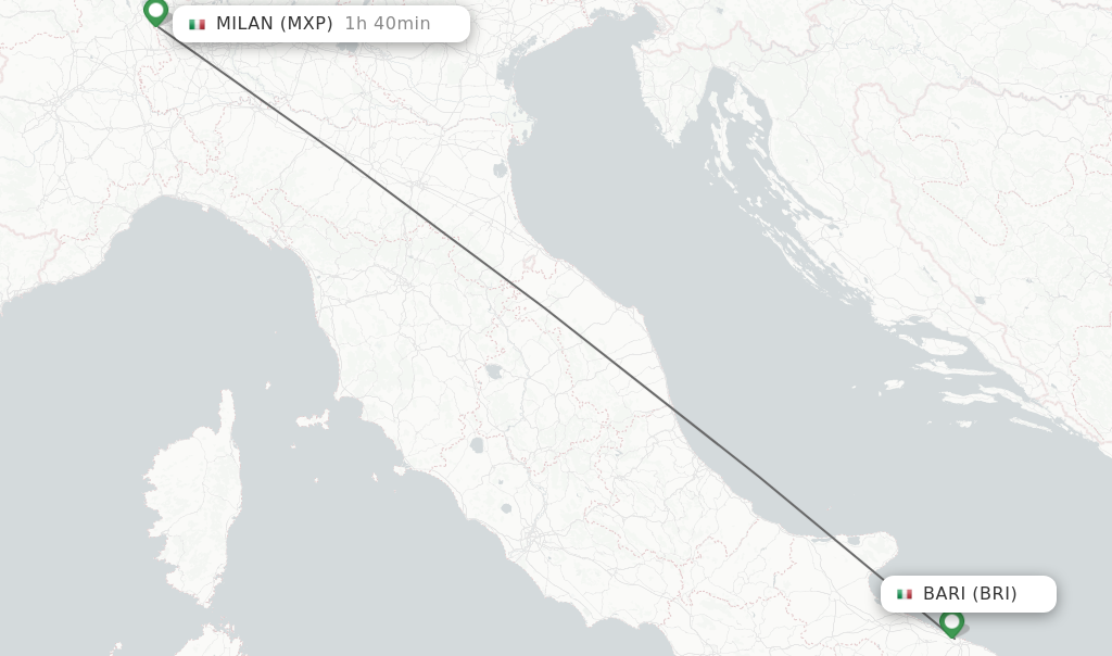 Flights from Bari to Milan route map