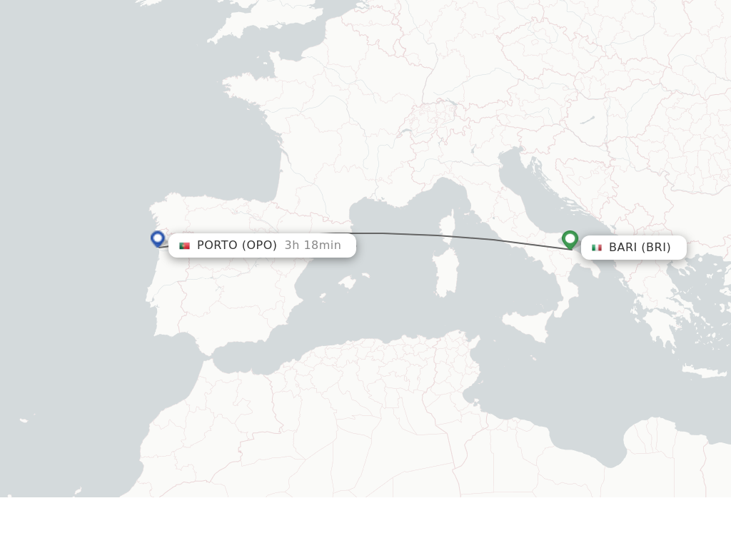 Flights from Bari to Porto route map