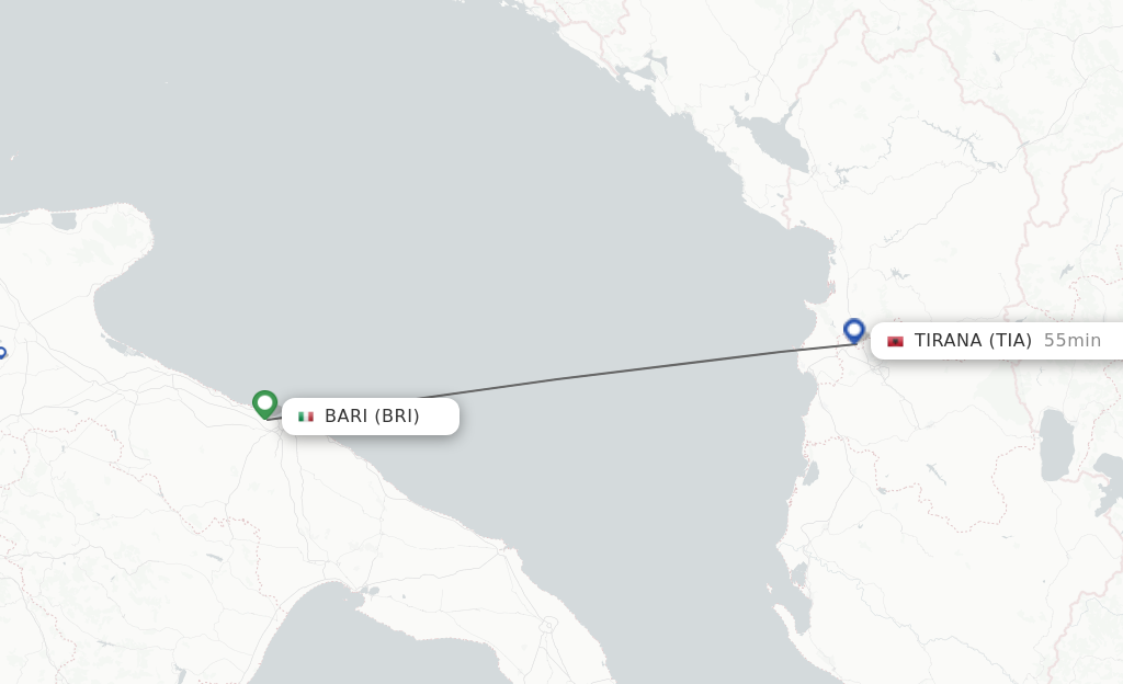Flights from Bari to Tirana route map