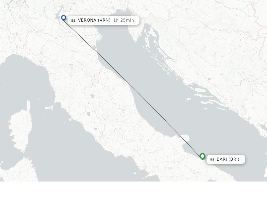 Flights from Verona to Bari route map