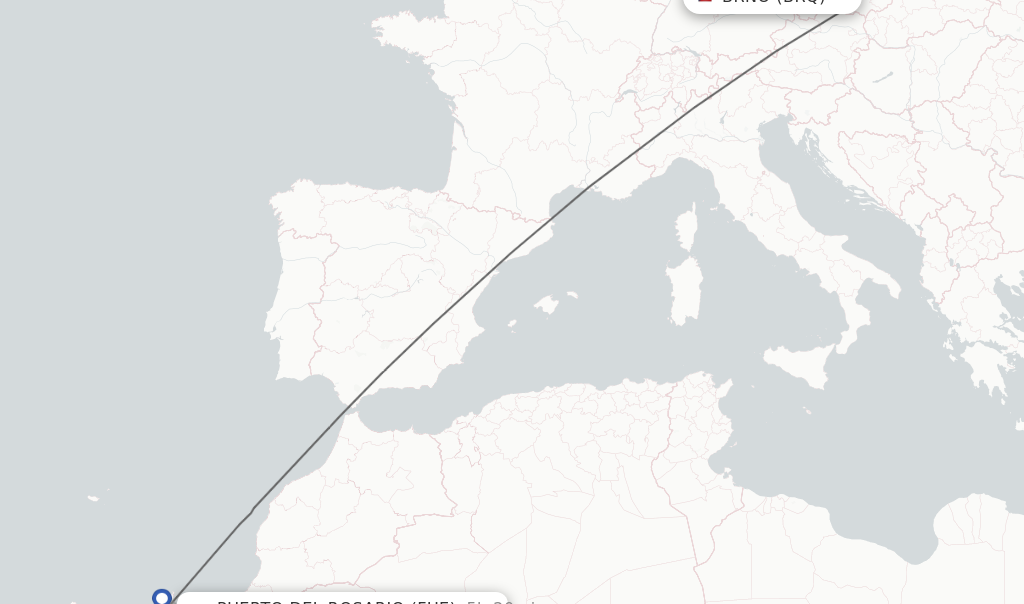 Flights from Brno to Puerto del Rosario route map