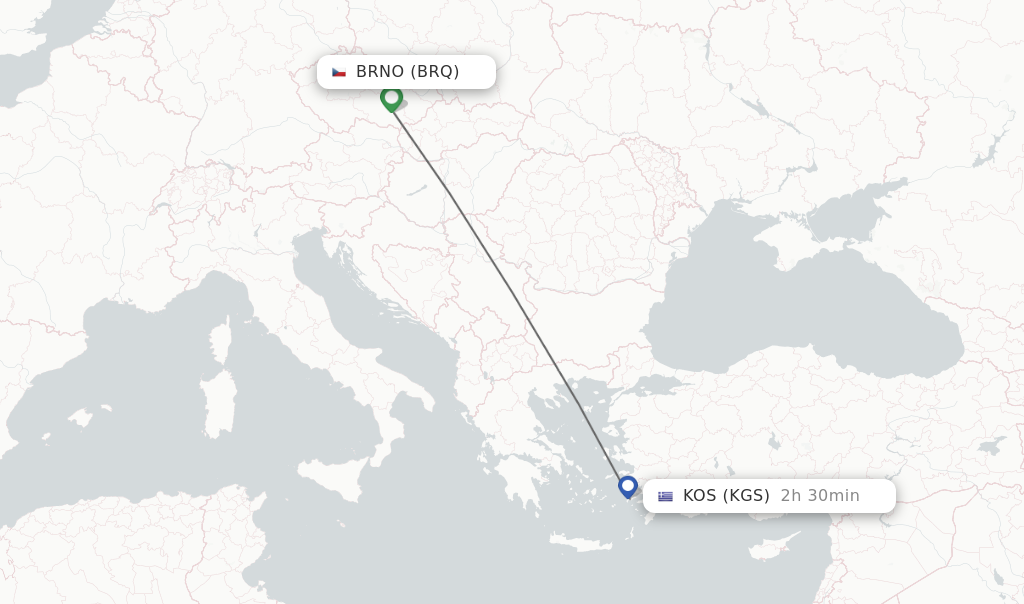 Flights from Brno to Kos route map
