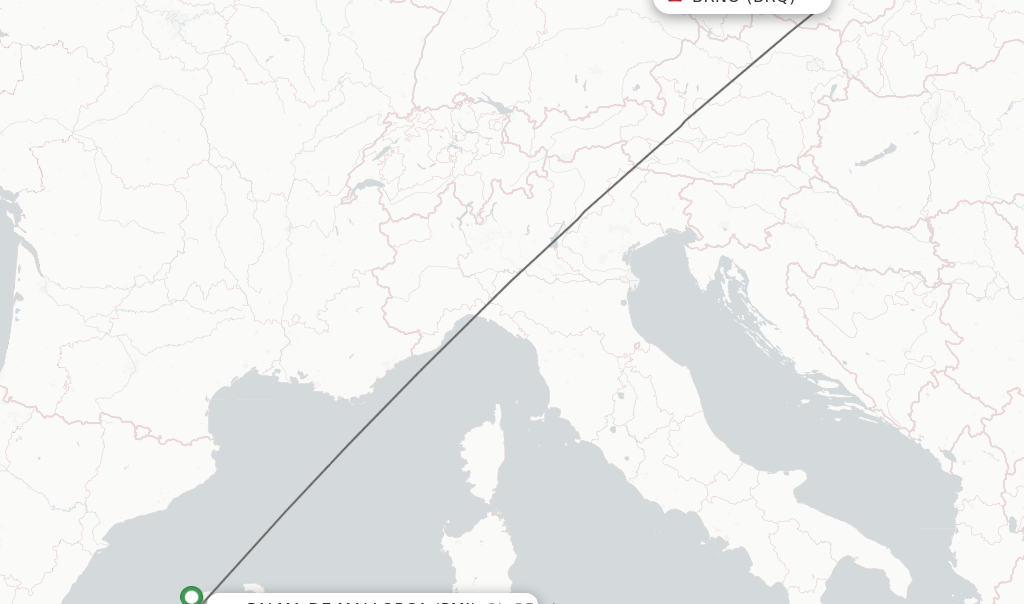 Flights from Brno to Palma de Mallorca route map