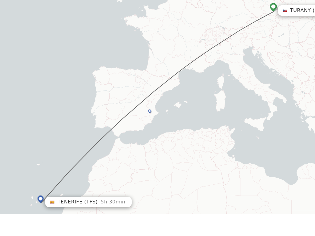 Flights from Brno to Tenerife route map