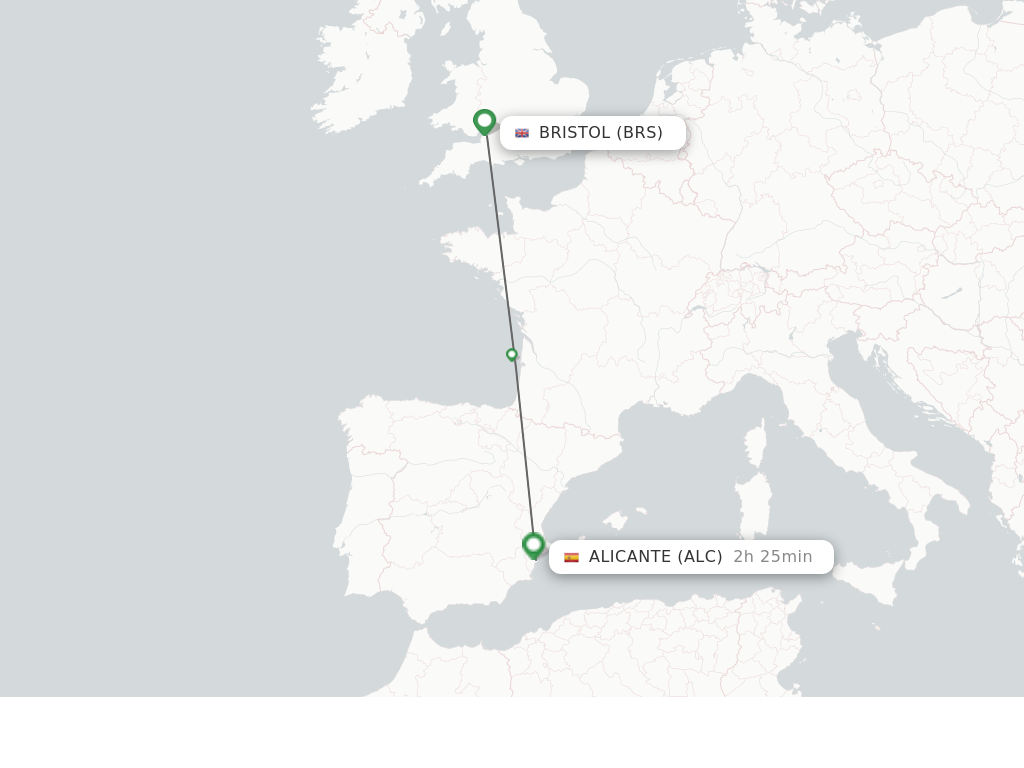 Flights from Bristol to Alicante route map