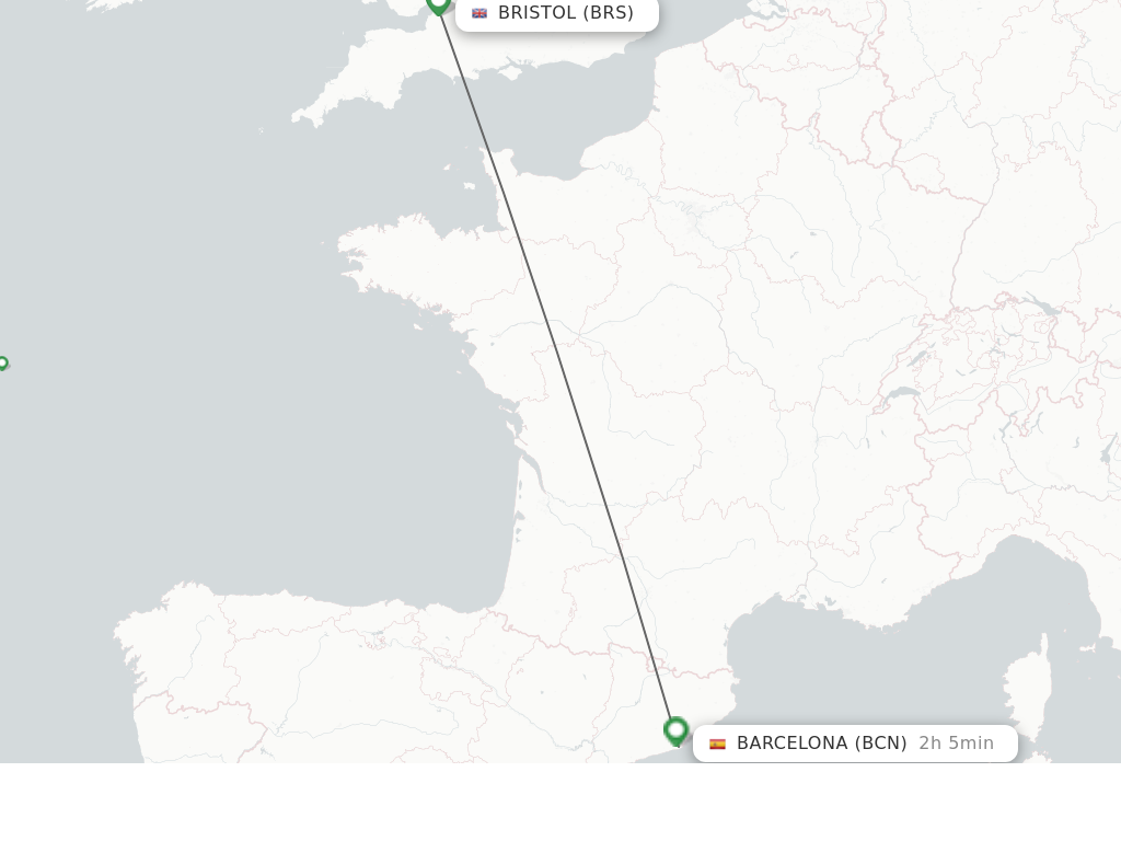 Flights from Bristol to Barcelona route map