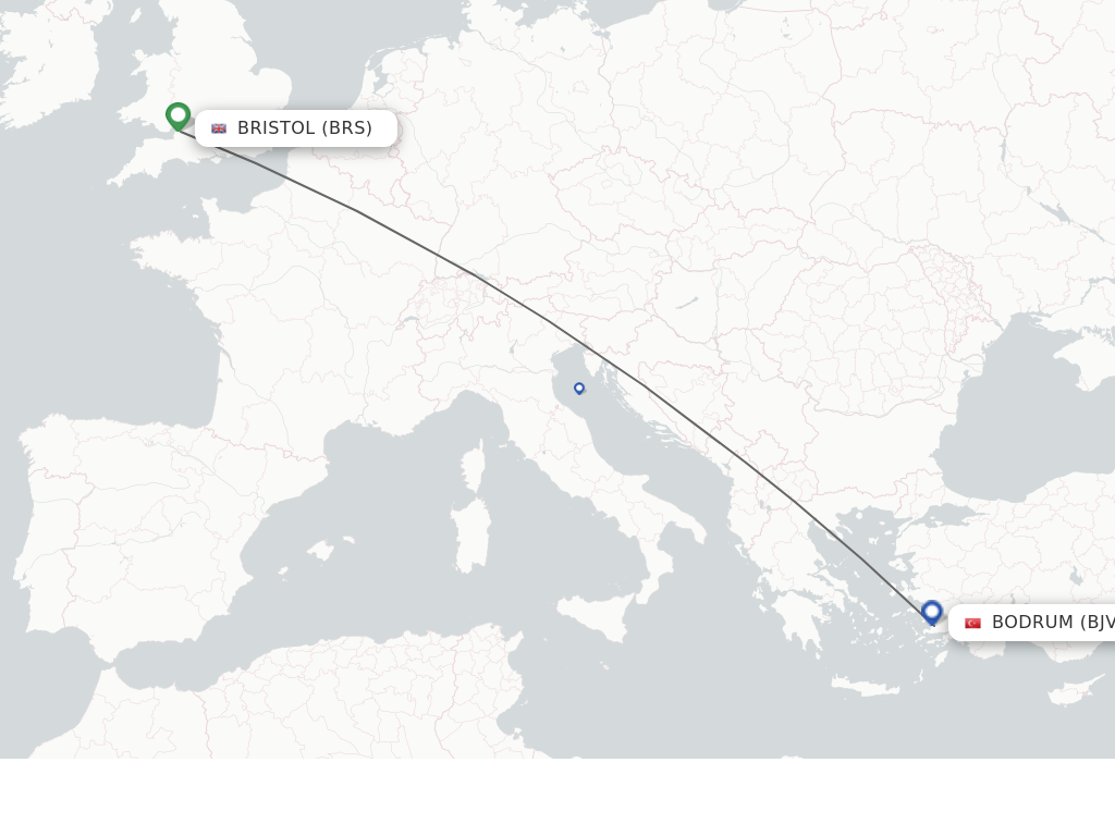 Flights from Bristol to Bodrum route map