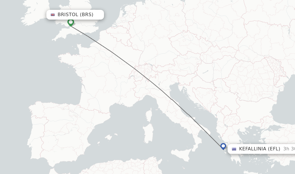 Flights from Bristol to Kefallinia route map