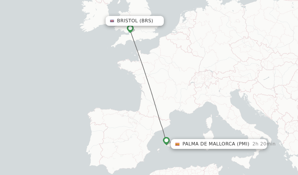Flights from Bristol to Palma de Mallorca route map