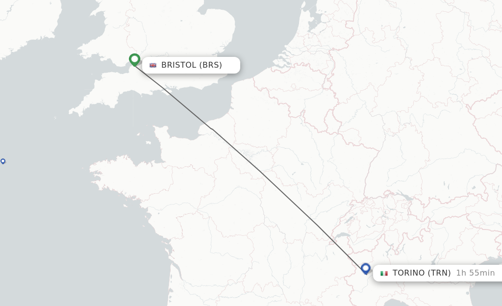 Flights from Bristol to Turin route map