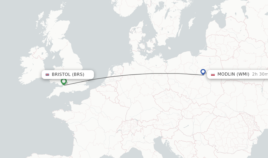 Flights from Bristol to Modlin route map