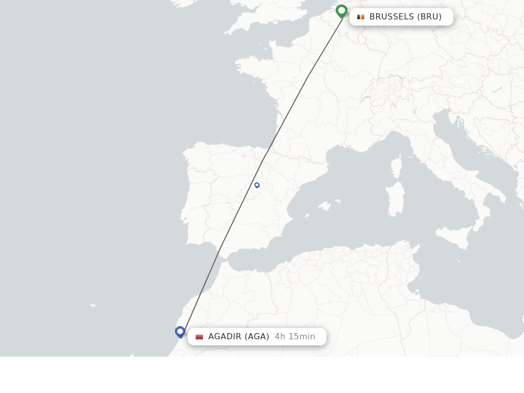 Flights from Brussels to Agadir route map