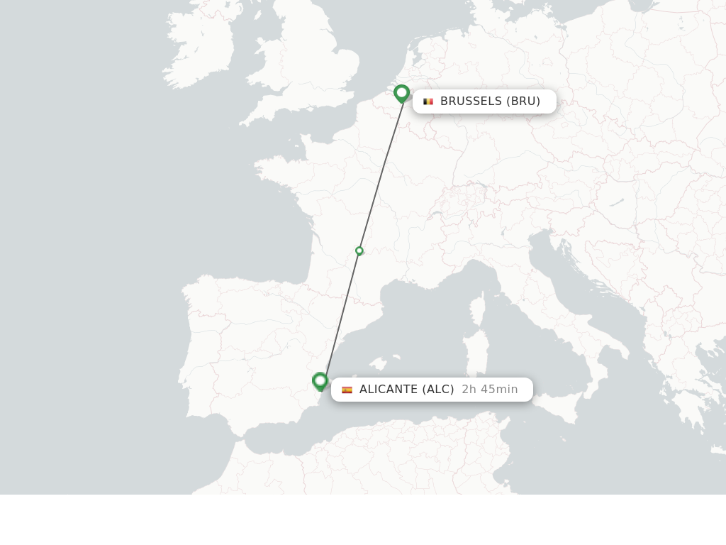 Flights from Brussels to Alicante route map