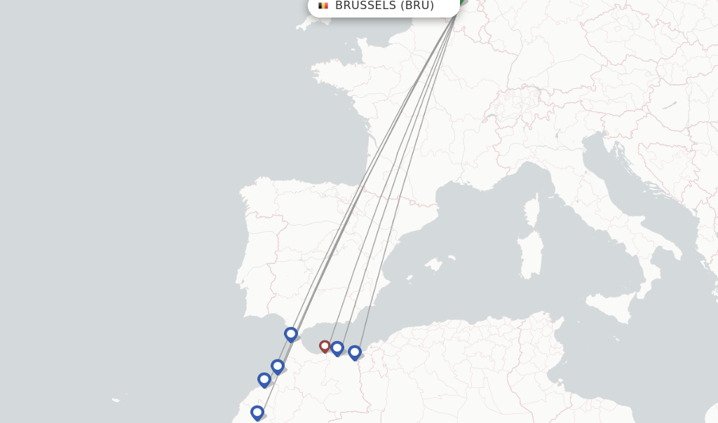Route map with flights from Brussels with Royal Air Maroc