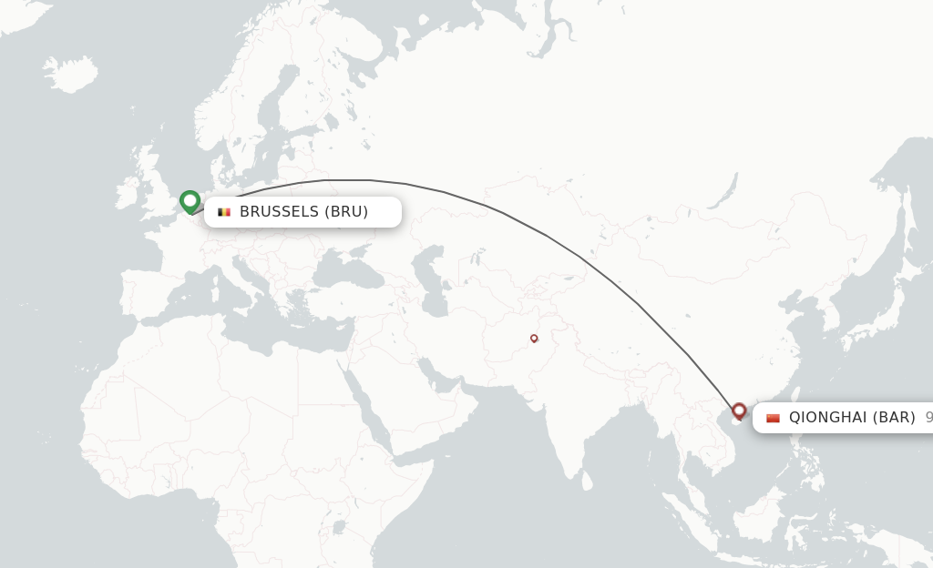 Flights from Brussels to Qionghai route map