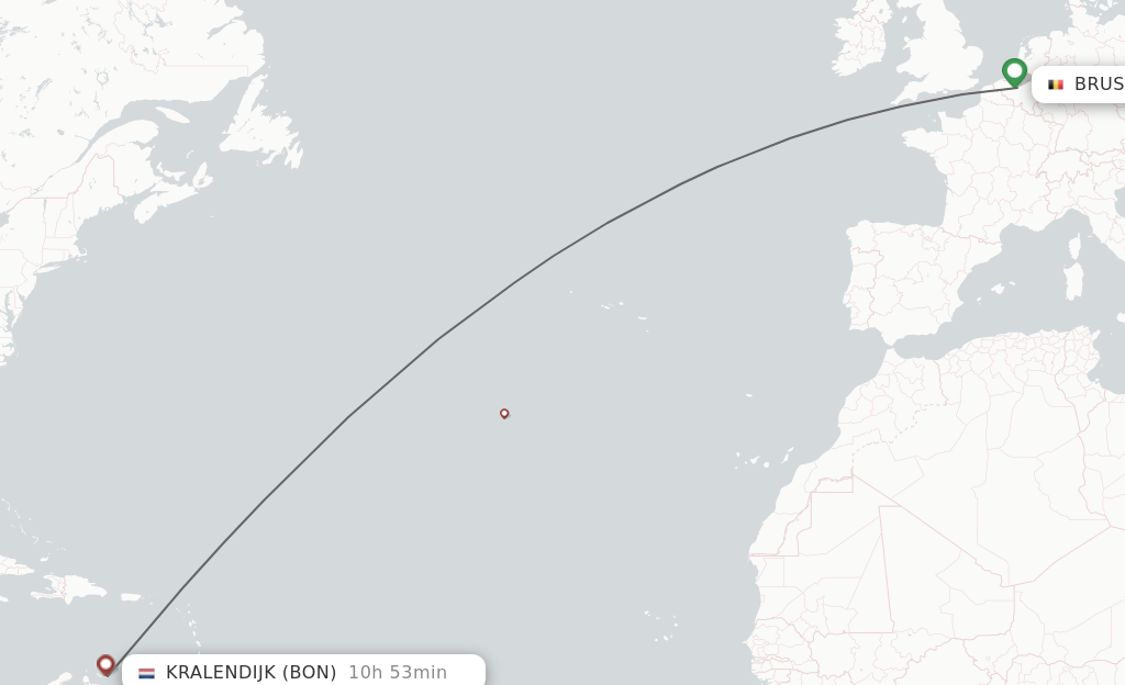 Flights from Brussels to Bonaire route map