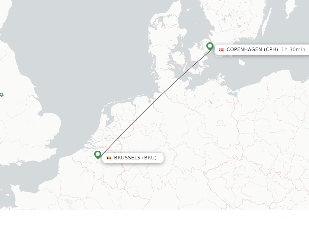 Flights from Brussels to Copenhagen route map