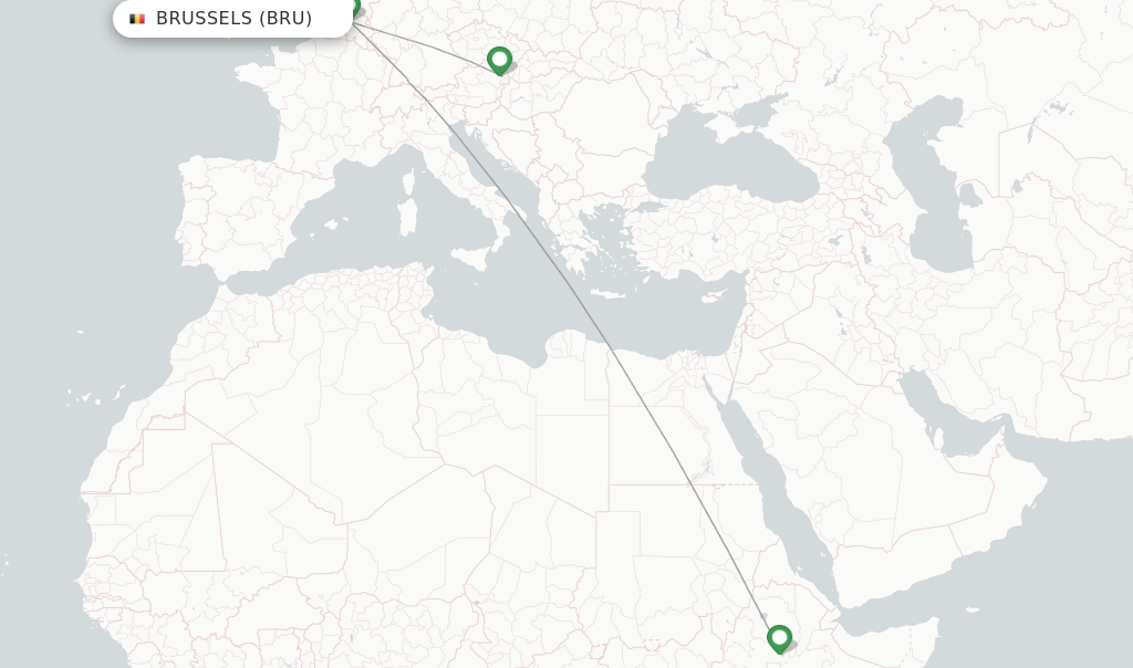 Route map with flights from Brussels with Ethiopian