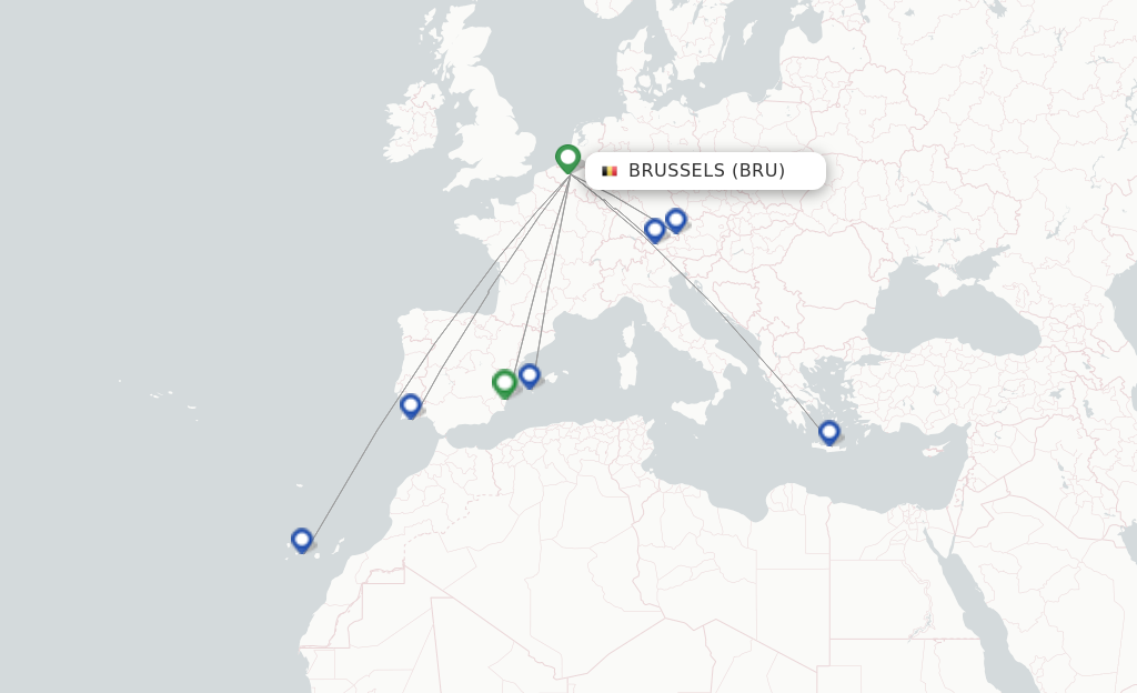Route map with flights from Brussels with Transavia