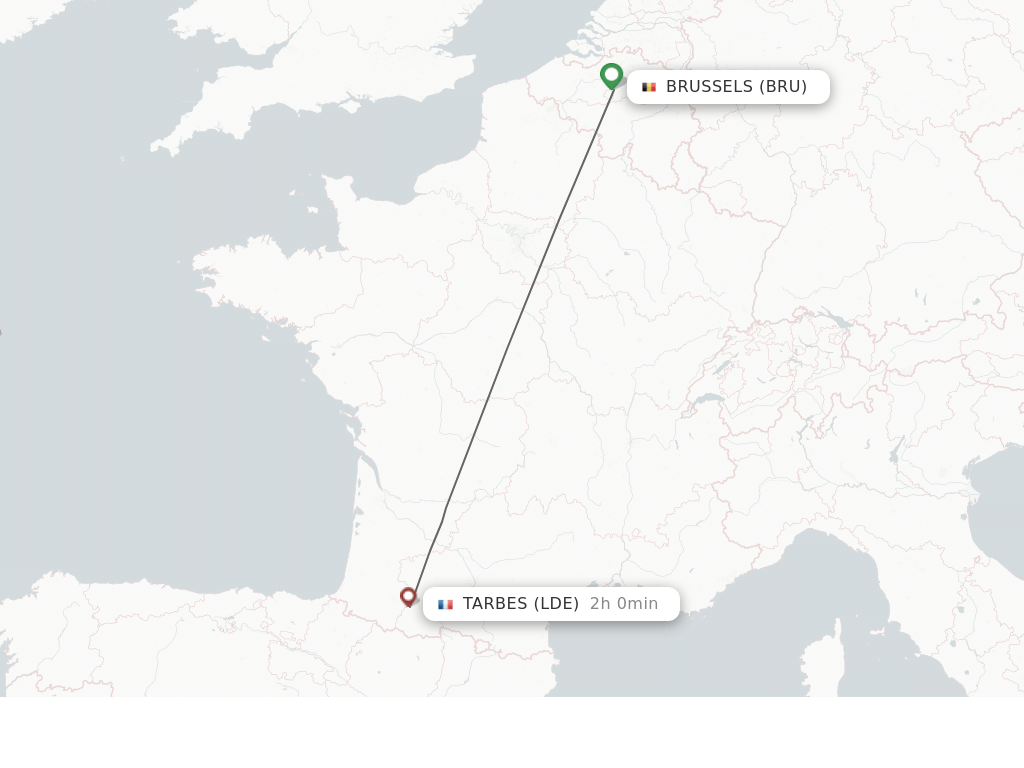 Flights from Brussels to Lourdes route map