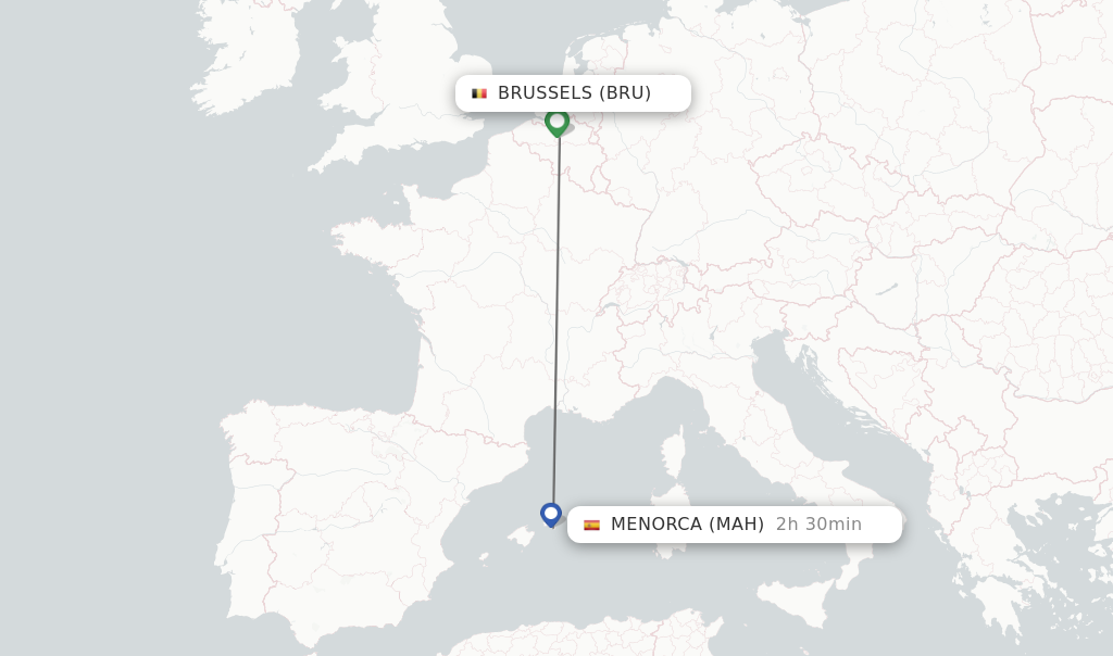 Flights from Brussels to Menorca route map