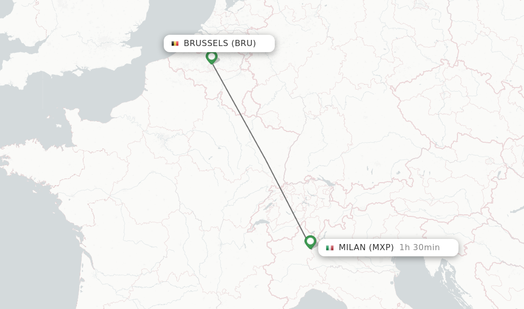 Flights from Brussels to Milan route map