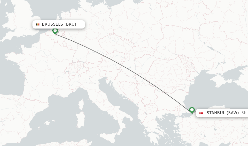 Flights from Brussels to Istanbul route map