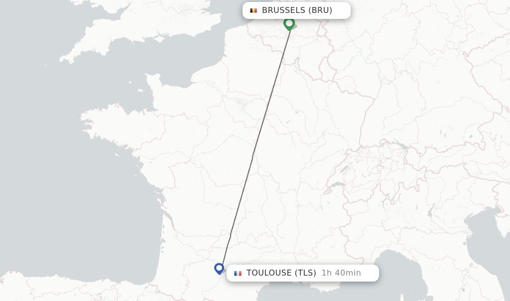 Flights from Brussels to Toulouse route map
