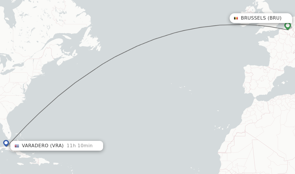 Flights from Brussels to Varadero route map
