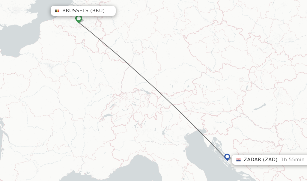 Flights from Brussels to Zadar route map
