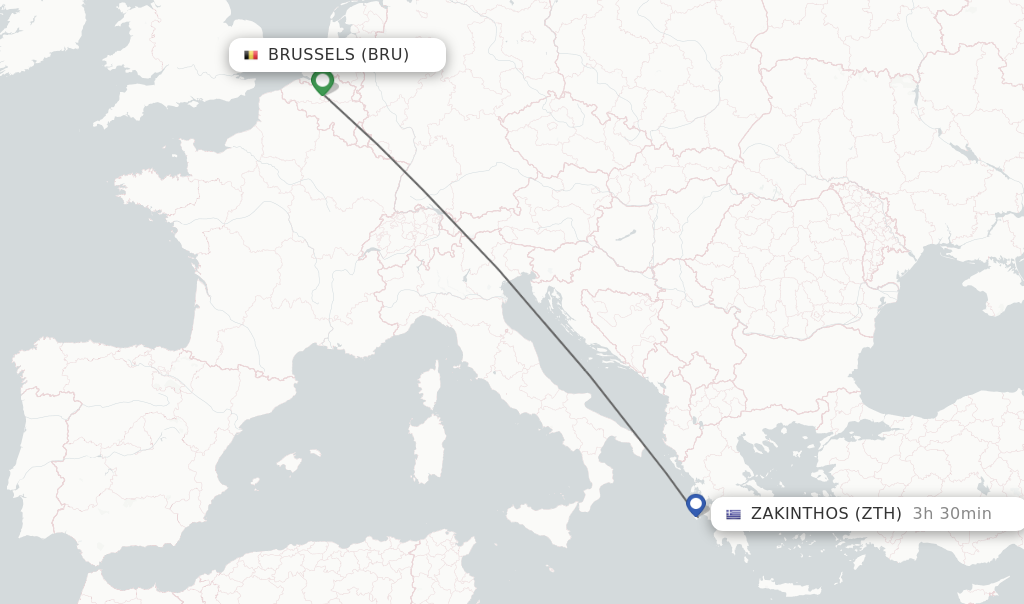 Flights from Brussels to Zakinthos route map