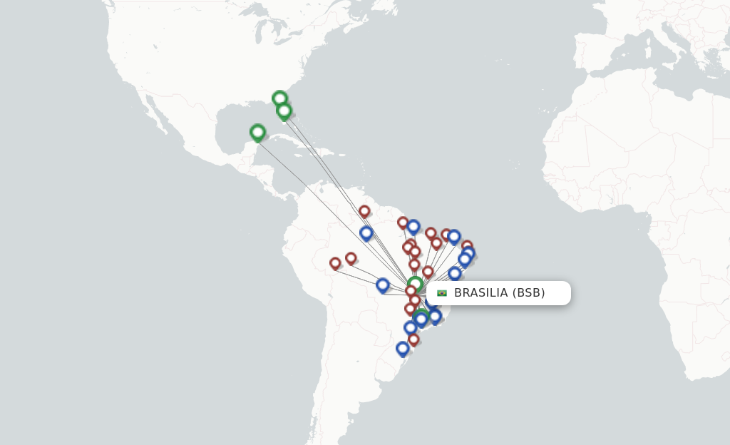 Route map with flights from Brasilia with Gol