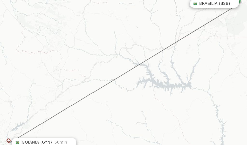 Flights from Brasilia to Goiania route map