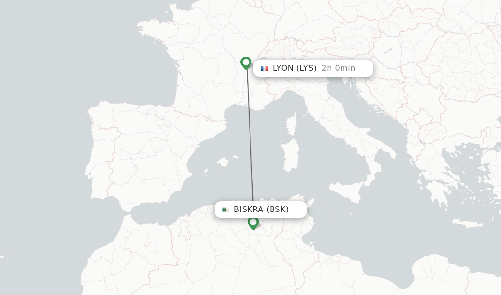 Flights from Biskra to Lyon route map